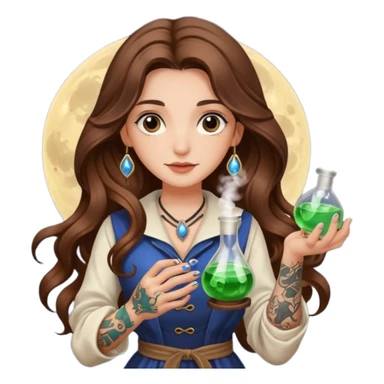 moon alchemist woman long wavy brown hair tattoos holding small potion sticker