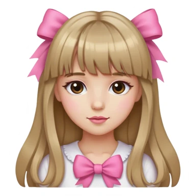 a girly girl with dark blonde and long hair with bangs and a pink bow sticker
