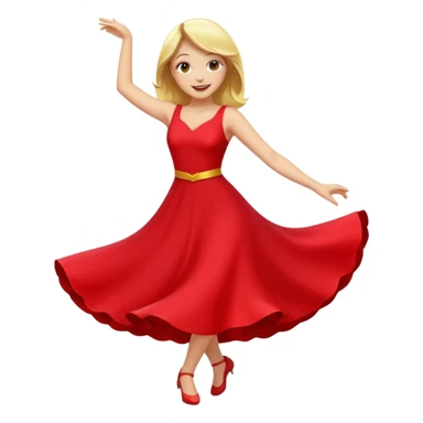 a yellow-blonde woman dancing wearing a red dress, in flat emoji / Apple style, smooth shapes, glossy highlights, bright saturated colors, simple features, minimal details, no outlines, red clothes flowing, joyful pose
 sticker