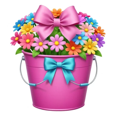 Pink bucket of flowers with bow sticker