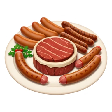 Meat dishes avatar in clean emoji-style illustration. Steak, roasted meat, and sausages, rich brown and red tones, simple shapes, flat design, hearty and appetizing. sticker