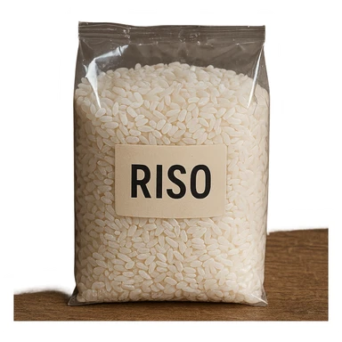 photo realistic transparent bag with rice grains, visible label with the word 'riso' in Italian on the image sticker