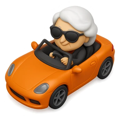 Show the old lady with white hair in the orange sports car from a top-down angle, in 3D emoji style, realistic, wearing sunglasses, no background. The style should resemble Microsoft style 3D fluent emojis with realistic details and no background. sticker