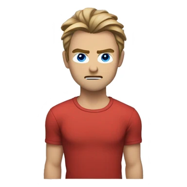 Medium length hair with a middle split that falls onto his face, male, wearing a red shirt, light brown hair, blue eyes, he’s angry  sticker