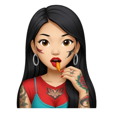 Beautiful Asian woman with long black hair and tattoos biting her lip sticker