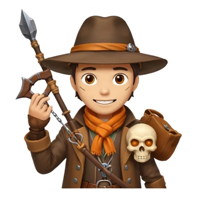male human monster hunter emoji, wearing brown leather coat and wide hat, holding crossbow or rifle, with amulet shaped like skull, Halloween fantasy theme, confident smile, orange scarf, Apple emoji style, clean white background, square image sticker