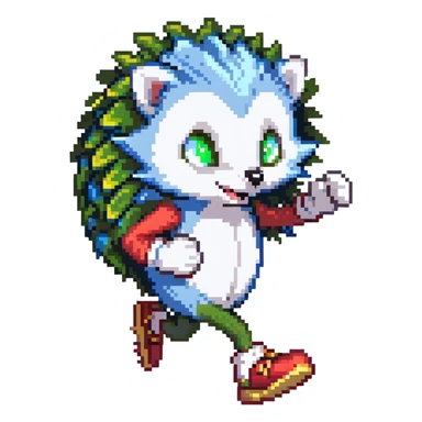 scene of a blue anthropomorphic hedgehog with spiky quills, large green eyes, white gloves, red shoes with white strap and gold buckle, running at high speed in a lush Green Hill Zone with looping hills, checkerboard terrain, golden rings, and motion blur lines, dynamic energetic pose sticker