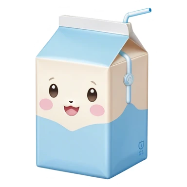 Cute Kawaii Milk Carton, small and boxy, bright pastel blue and white, blushing cheeks, a tiny straw poking out, soft glowing highlights, adorable farm-fresh cuteness! sticker
