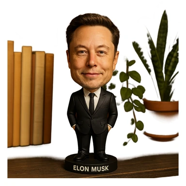 realistic features bobblehead of Elon Musk wearing a suit and tie sticker