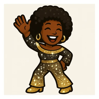 Create a 1970s disco emoji of a female African American waving with a joyful expression, afro hairstyle, and a sparkling disco outfit using only gold, silver, black, and white colors. The style is vibrant and pop colors icon style. sticker