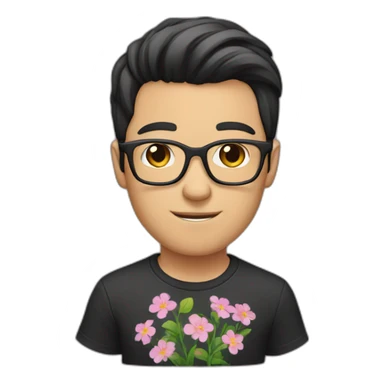 white guy with dark short hair wearing glasses and dark t-shirt with flowers print sticker