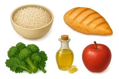 Riso basmati
Petto di pollo
Verdura fibrosa verde
Olio EVO
Mela sticker