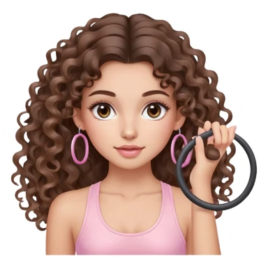cute balayage brunette long hair curly/wavy haired girl, hoop earrings, clean girl makeup DOING pilates with a cute pastel pink set sticker