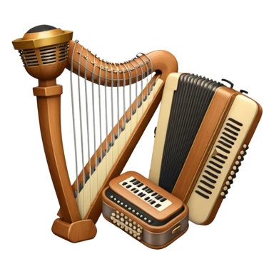 Create a warm and inviting humanless emoji representing folk singing. The design should feature a traditional microphone, perhaps with a wooden texture, symbolizing the rustic and authentic feel of folk music. Surround the microphone with subtle elements such as a hand-played tambourine, an accordion, or a balalaika to reflect the folk instruments. Add flowing musical notes to symbolize the vocal melodies. Use earthy, natural colors like browns, reds, and greens to evoke a sense of tradition, warmth, and connection to the community. The background should be transparent. sticker