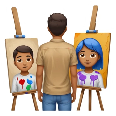 the artist stands with his back to the painting, painting a portrait sticker