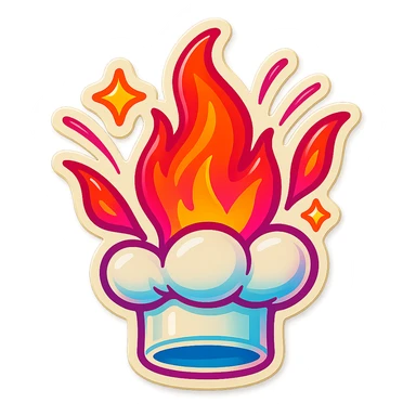 chef's hat explode with trails of fires, emoji, playful, magic flame neon orange to neon pink gradient, vibrant, flame matching style reference file sticker