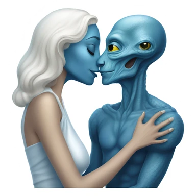 Alien reptilian woman in white dress hugs and kissing a normal "white male human man" in blue dress sticker