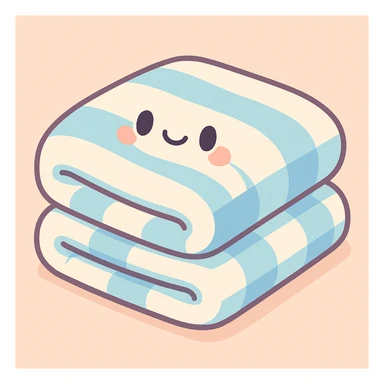 soft pastel white and blue blanket, folded tidily, gentle and cute vibe, pastel illustration style sticker