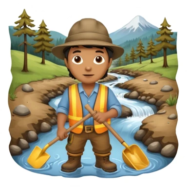 create a gold miner panning for gold near a stream sticker