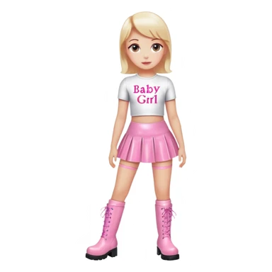 Mini latex skirt and boots and short top with pink inscription “Baby girl” sticker
