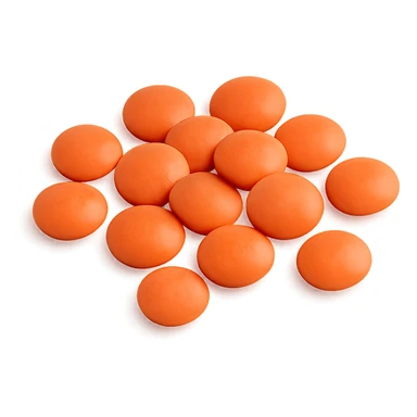 Depict a small scatter of dried red lentils (coral lentils), flat lens shape, warm orange to coral color, smooth matte texture, subtle size and tone variation, no bowl or packaging, clean 3D style, soft lighting, transparent background, emoji scale. sticker