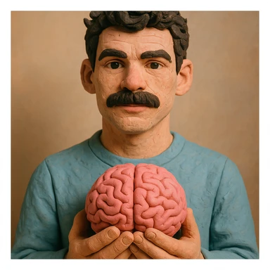 Enhance the claymation man holding a brain by adding more depth and dimension to the image. Make him more attractive and quirky, inspired by the first version, with dark curly hair, thick mustache, light skin, claymation style, visible fingerprints, and pastel colors. sticker