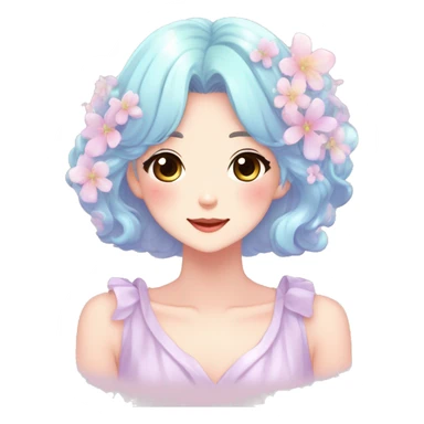 Gorgeous anime style lady blushing face dreamy idol model colorful shiny flowers kawaii pastelcore cottagecore pearly petite simplistic aesthetic trending style sticker