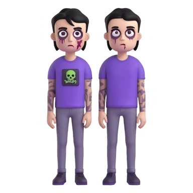 zombie boy with black emo hair and purple shirt, 3D emoji style sticker