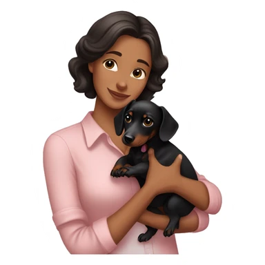 a brunette woman in a light pink shirt, with light skin, holding black dachshund puppy in her arms lovingly sticker