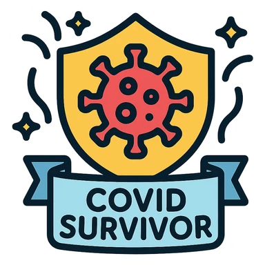 colorful badge icon with a shield and virus symbol, text 'COVID Survivor', celebratory style sticker