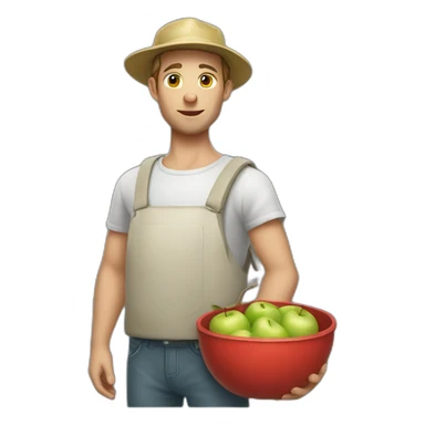 White apple picker with a collecting tank on his chest sticker