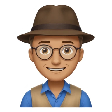 A man with sharp and thin face, brown round glasses, a brown hat and a brown costume with beige chemise (shoulders only), with blue eyes and a large smile on his face and menacing eyes. sticker