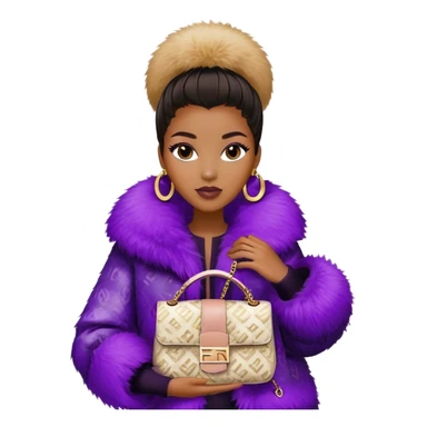 Beautiful black woman wearing a monogram Fendi jacket with a fur trim. She is carrying a purple sequin Fendi Baguette bag. I want the image close up sticker
