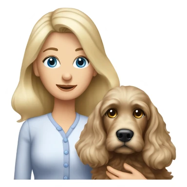 62 year Old blue eyed blonde lady with long straight hair with dark brown Cockapoo puppy dog sticker