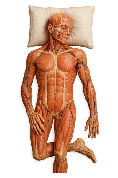 corpo umano anatomico CON TESTA SUL CUSCINO PERCHé STA DORMENDO, VISTO DALL'ALTO, iperrealistico 4k sticker
