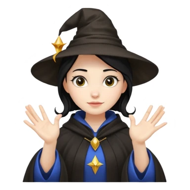 female wizard with black hair in a low bun under a wizards hat with both hands palm up sticker