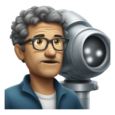 Astronomer with glasses pushed up on his forehead bending over to look through huge telescope sticker