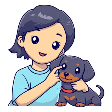black hair asian girl taking selfie with black dachshund sticker