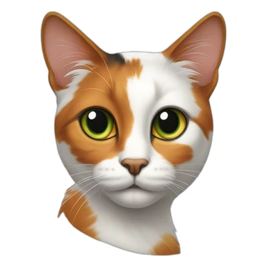calico cat, green iris, black covering right side forehead and left eye brow, orange right ear sticker