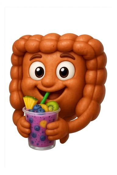 EMOJI STILE IPHONE DI un intestino umano anatomico che beve un frullato di mirtilli, ananas, kiwi, fagli anche la parte bianca degli occhi, non solo le pupille, REALISTICo 4K sticker