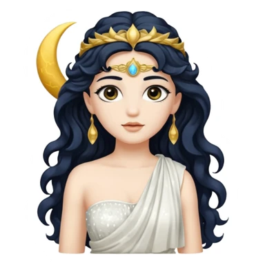 Luna, Goddess of Moon from Roman Deities with long black wavy hair, white sequin toga  sticker