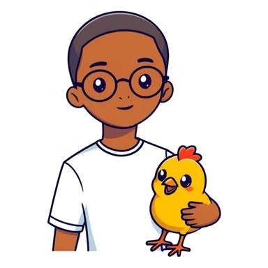 African boy with straight short hair that goes down to his forehead with glasses holding a chicken and small eyes sticker