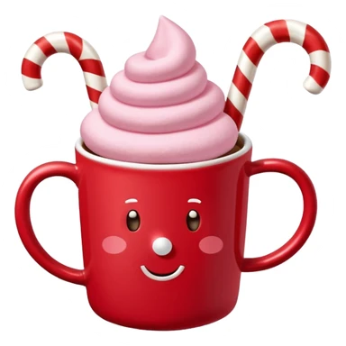 hot chocolete with pastel pink marshmallows in red christmas mug and candy cane sticker