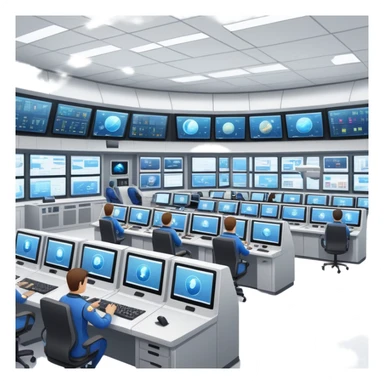 space mission control room with multiple screens and operators at desks sticker