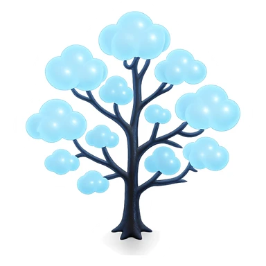 one tree with many branches, each branch covered with small, very bright white, saturated color, fluffy convex clouds, matte glass style, focus on volume and glowing effect of clouds, no background sticker