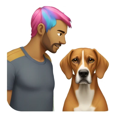 white male with long rainbow colored hair standing alongside a brown rhodesian ridgeback sticker