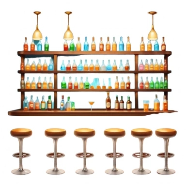 A 3D cartoon bar interior with bottles on glass shelves, counter lighting, high stools, and glowing drink glasses, warm ambient light, realistic Memoji-style. sticker