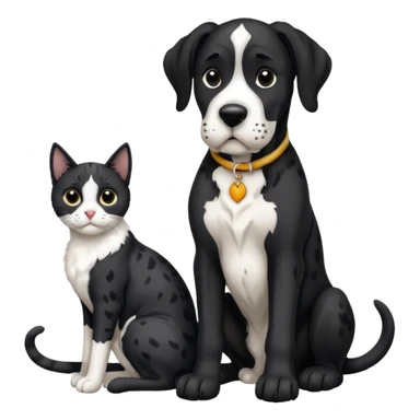 Black and white great dane dog sitting with a black and white cat sticker