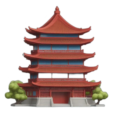 A large Chinese-style building with a blue roof and red wooden structures sticker