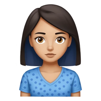 Wausau girl with dark brown eyes straight but voluminous middle length very dark brown hair, wearing a v neck t shirt with a white background and speckled blue pattern thin eyebrows that are sparse  sticker